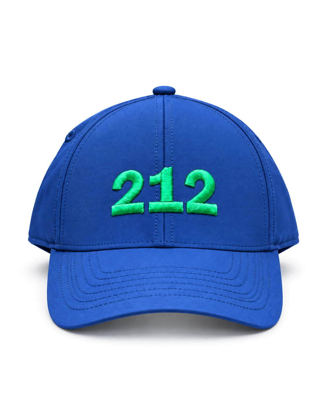 Blue 212 baseball cap with green embroidered logo
