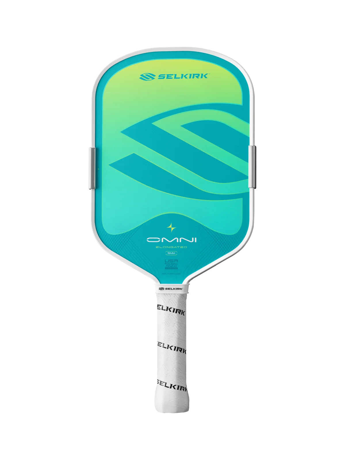 A Selkirk Omni pickleball paddle featuring a vibrant teal and green gradient face with a white handle.