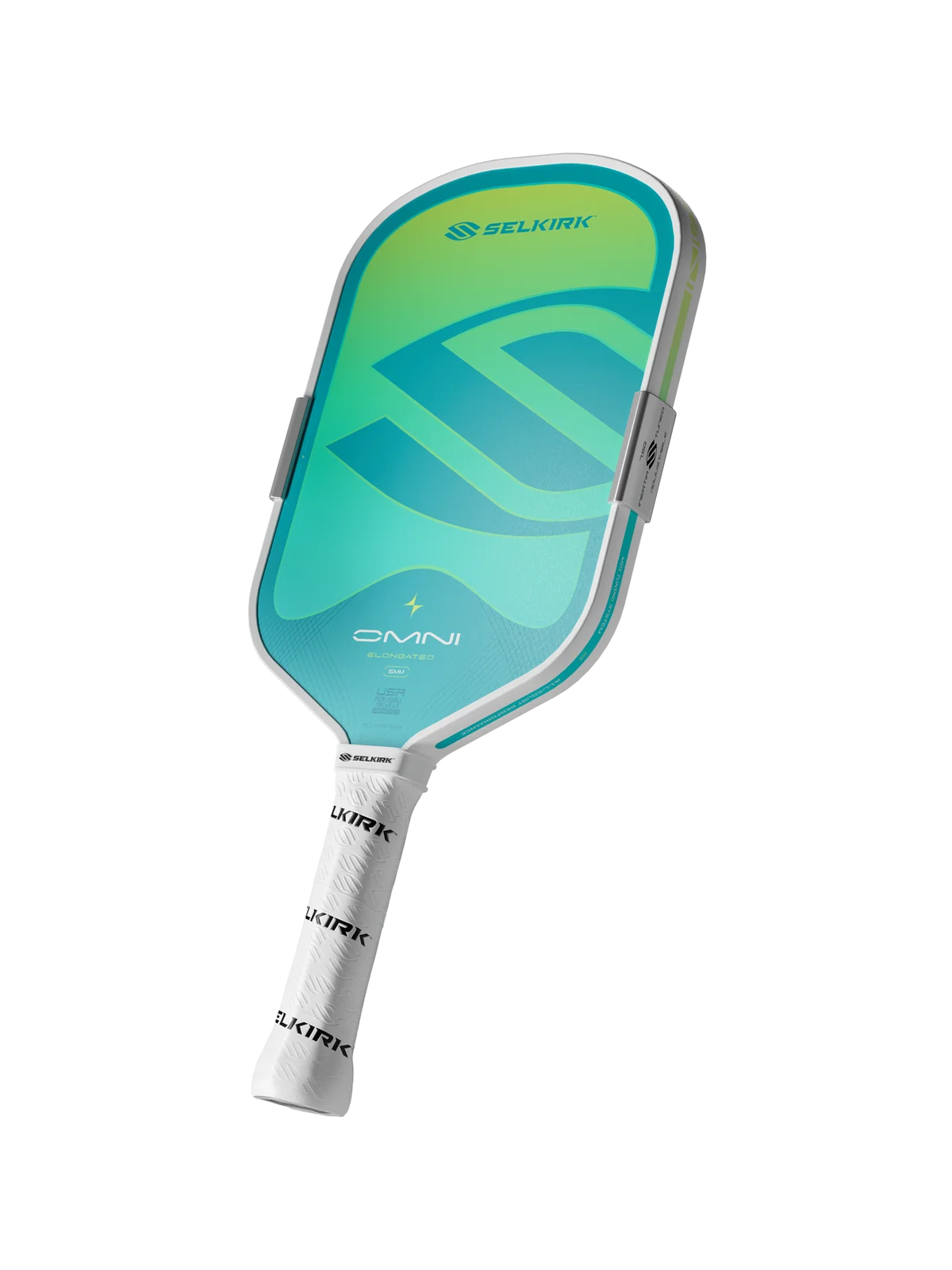 A Selkirk Omni pickleball paddle featuring a vibrant green and teal gradient face with a white handle, tilt view.