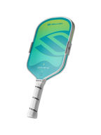 A Selkirk Omni pickleball paddle featuring a vibrant green and teal gradient face with a white handle, tilt view.