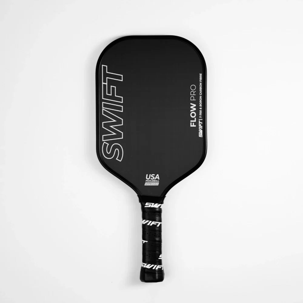 A black Swift Flow Pro pickleball paddle with white text.