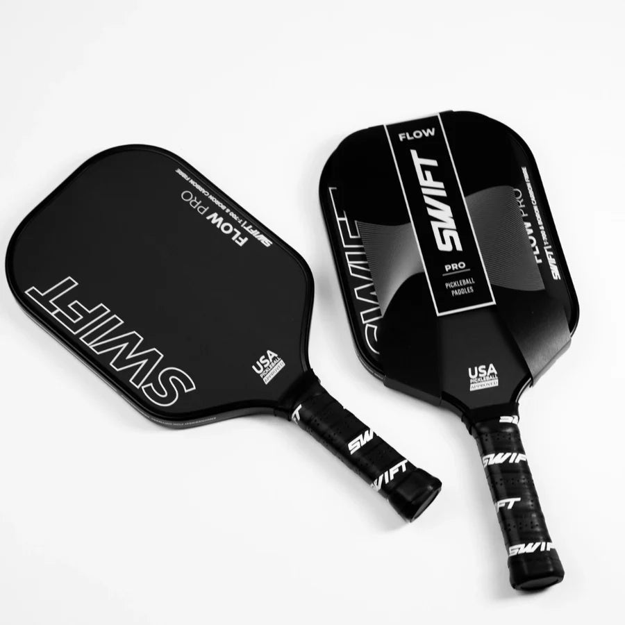 Two black Swift Flow Pro pickleball paddles.